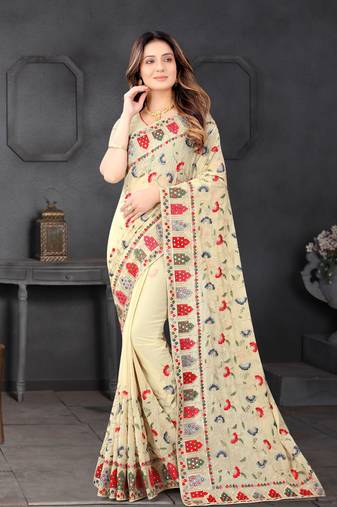 Designer chiku resham zari embroidery work georgette saree