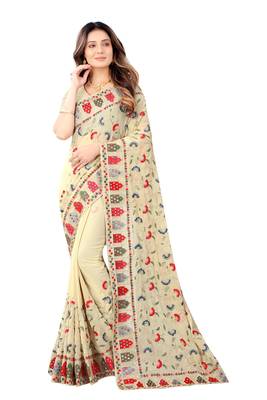 Designer chiku resham zari embroidery work georgette saree 4