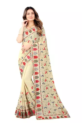 Designer chiku resham zari embroidery work georgette saree