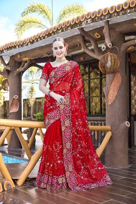 Red designer resham cross stich embroidery work silk saree 1