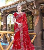 Red designer resham cross stich embroidery work silk saree