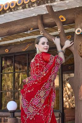 Red designer resham cross stich embroidery work silk saree 2
