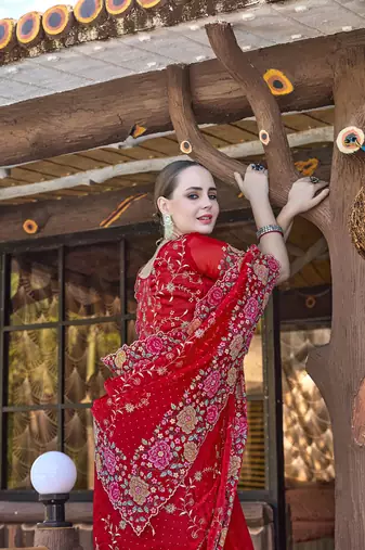 Red designer resham cross stich embroidery work silk saree