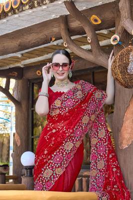 Red designer resham cross stich embroidery work silk saree 3