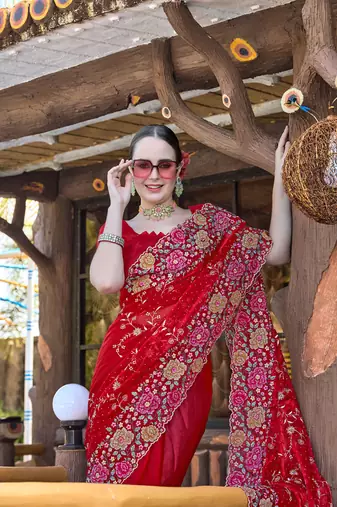 Red designer resham cross stich embroidery work silk saree