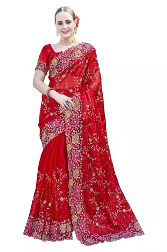 Red designer resham cross stich embroidery work silk saree