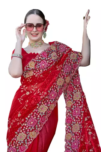 Red designer resham cross stich embroidery work silk saree