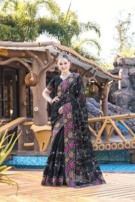 Black designer resham cross stich embroidery work silk saree 1
