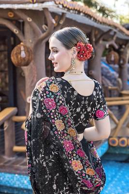 Black designer resham cross stich embroidery work silk saree 2