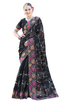 Black designer resham cross stich embroidery work silk saree 3