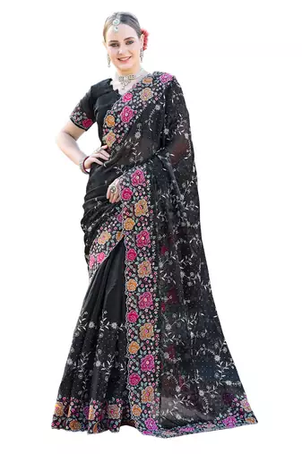 Black designer resham cross stich embroidery work silk saree