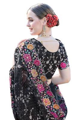 Black designer resham cross stich embroidery work silk saree 4