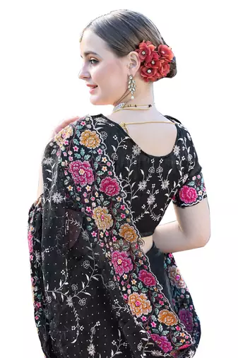 Black designer resham cross stich embroidery work silk saree