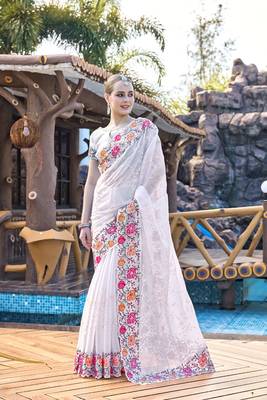 White designer resham cross stich embroidery work silk saree 1
