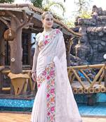 White designer resham cross stich embroidery work silk saree