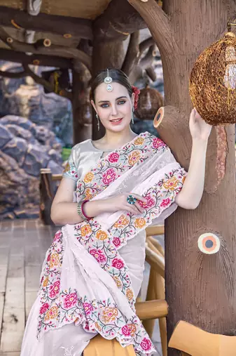 White designer resham cross stich embroidery work silk saree