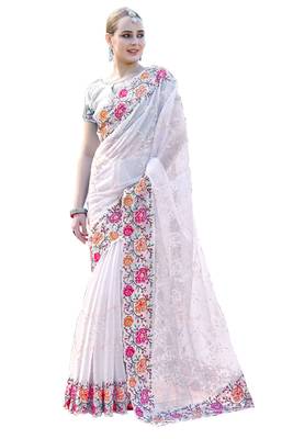 White designer resham cross stich embroidery work silk saree 3