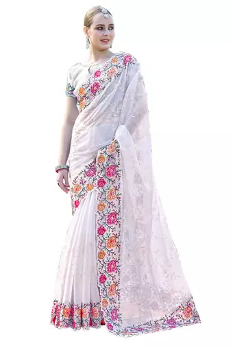 White designer resham cross stich embroidery work silk saree