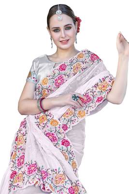 White designer resham cross stich embroidery work silk saree 4