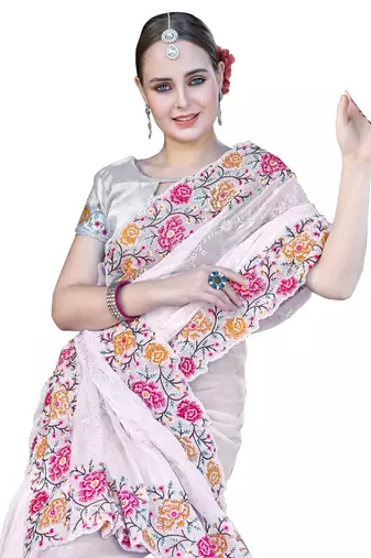 White designer resham cross stich embroidery work silk saree