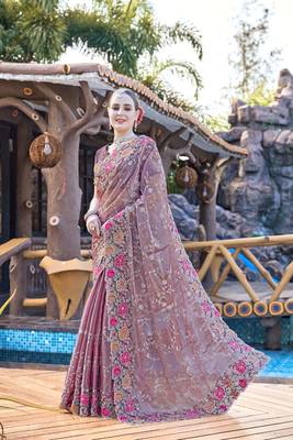 Lavender designer resham cross stich embroidery work silk saree 1