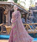 Lavender designer resham cross stich embroidery work silk saree