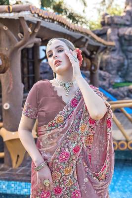 Lavender designer resham cross stich embroidery work silk saree 2