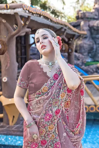 Lavender designer resham cross stich embroidery work silk saree