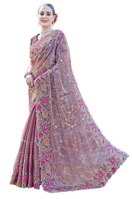 Lavender designer resham cross stich embroidery work silk saree 3