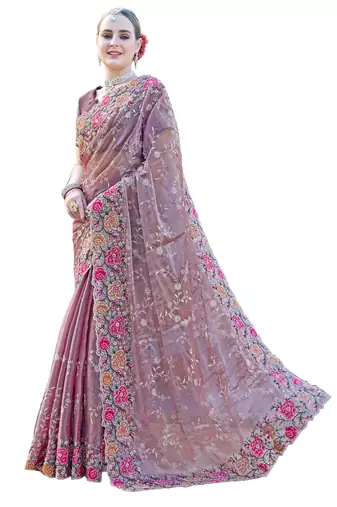 Lavender designer resham cross stich embroidery work silk saree