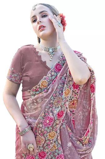 Lavender designer resham cross stich embroidery work silk saree