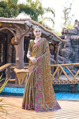 Gold designer resham cross stich embroidery work silk saree 1