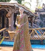 Gold designer resham cross stich embroidery work silk saree