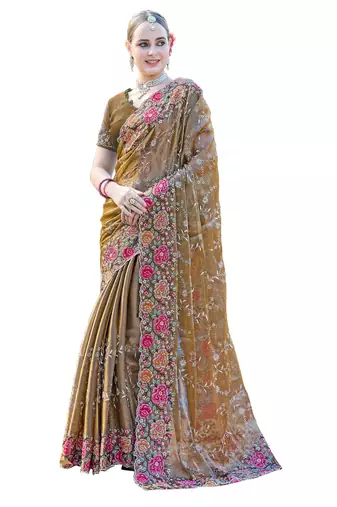 Gold designer resham cross stich embroidery work silk saree