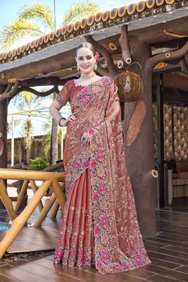 Peach designer resham cross stich embroidery work silk saree 1