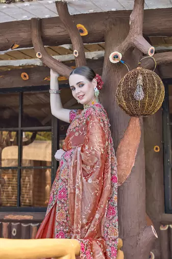 Peach designer resham cross stich embroidery work silk saree