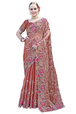 Peach designer resham cross stich embroidery work silk saree 3