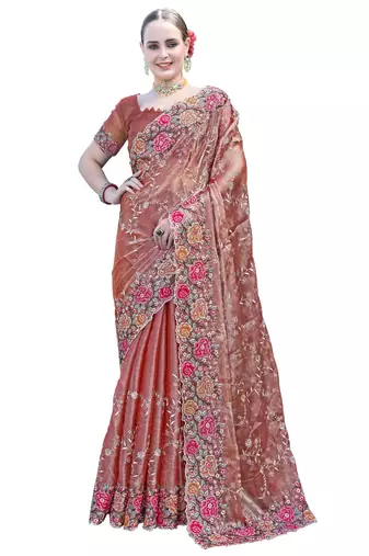 Peach designer resham cross stich embroidery work silk saree