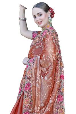 Peach designer resham cross stich embroidery work silk saree 4