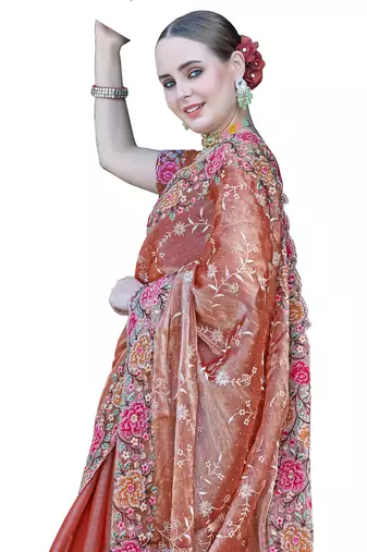 Peach designer resham cross stich embroidery work silk saree