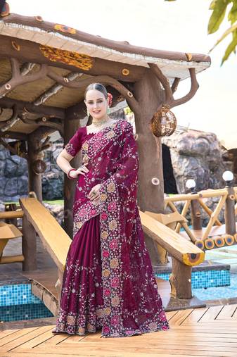 Wine designer resham cross stich embroidery work silk saree