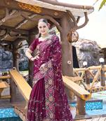 Wine designer resham cross stich embroidery work silk saree