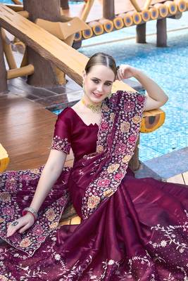 Wine designer resham cross stich embroidery work silk saree 2