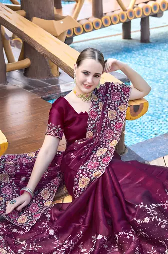Wine designer resham cross stich embroidery work silk saree