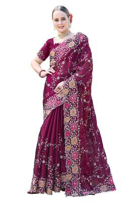 Wine designer resham cross stich embroidery work silk saree 3