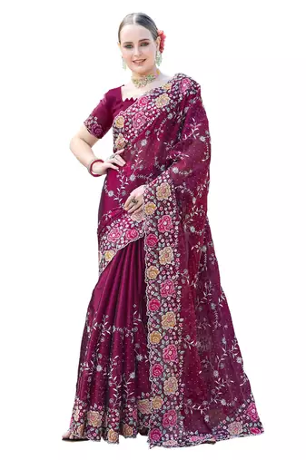 Wine designer resham cross stich embroidery work silk saree