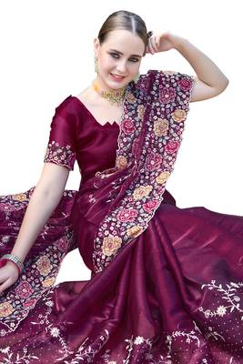 Wine designer resham cross stich embroidery work silk saree 4