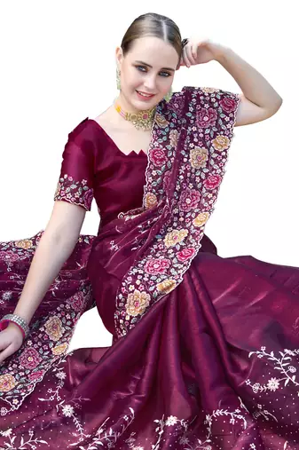 Wine designer resham cross stich embroidery work silk saree