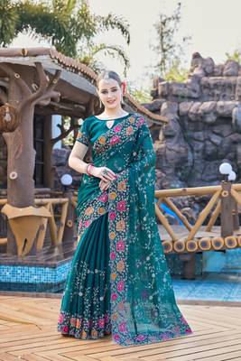 Morpeach designer resham cross stich embroidery work silk saree 1