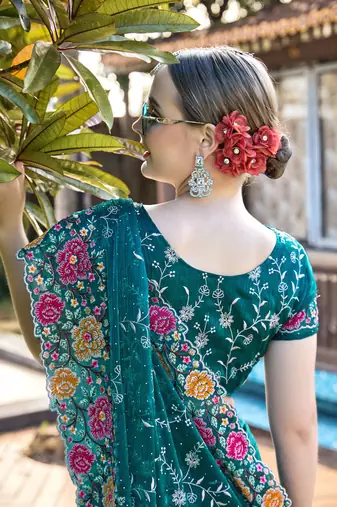 Morpeach designer resham cross stich embroidery work silk saree